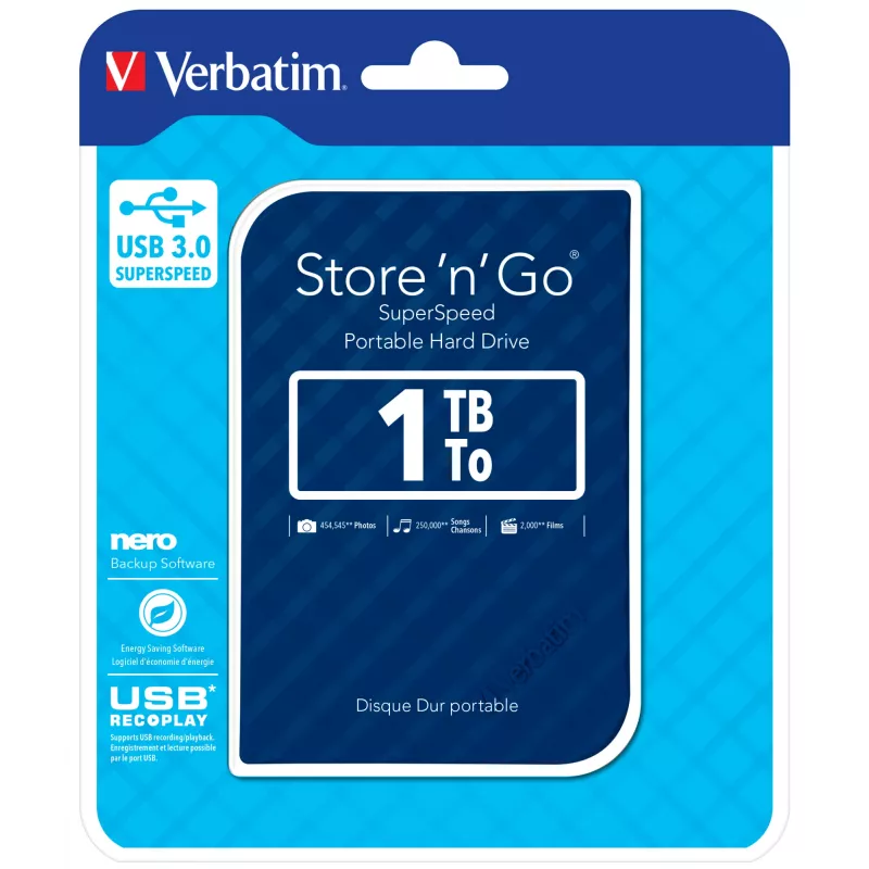 Verbatim Store 'n' Go USB 3.0 Hard Drive 1TB Blue, 1 TB, 2.5 inch, 3.2 Gen 1 (3.1 Gen 1), 5400 RPM, Blue