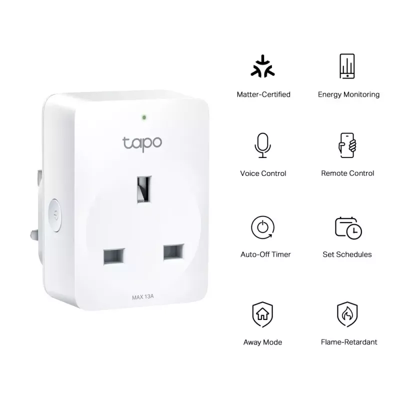 Smart plug TP‑Link Tapo Mini P110M — Wi‑Fi/Bluetooth indoor smart socket, 16 A, 100–240 V, 3680 W, white