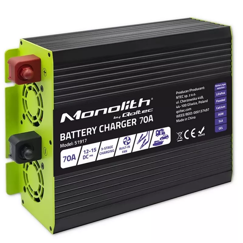 Battery charger QOLTEC 51917 for LiFePO4/AGM/GEL/SLA batteries, 70 A output