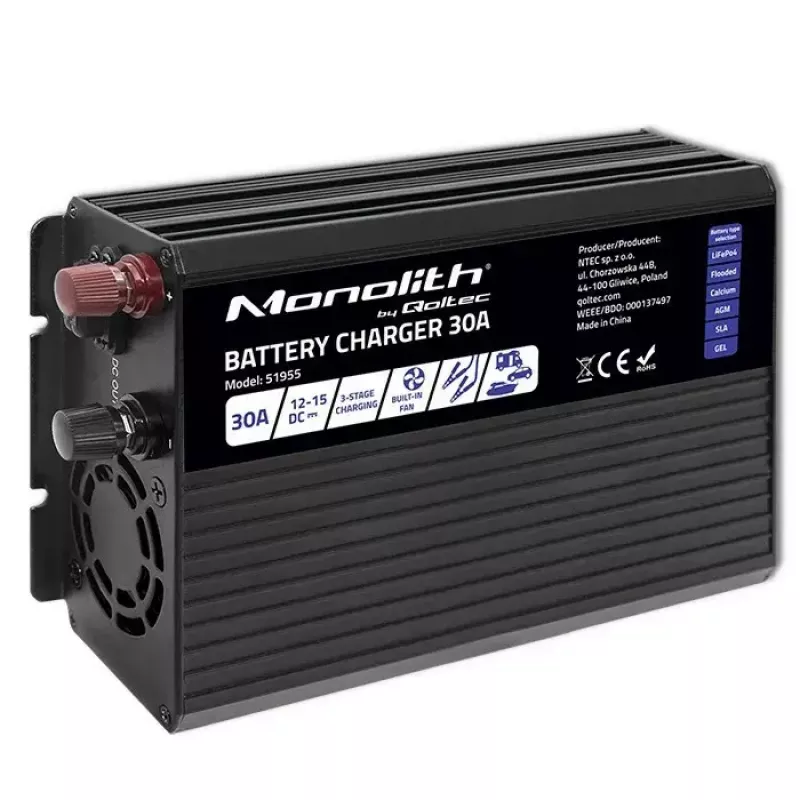 Battery charger QOLTEC 51955 — 30A 12V for LiFePO4, AGM, GEL, SLA