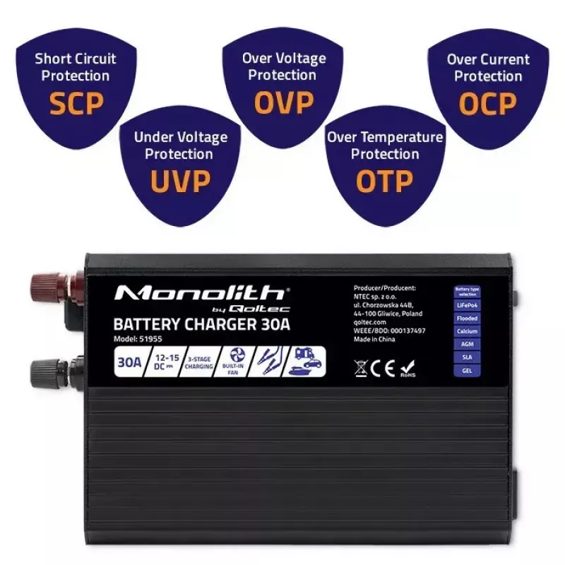 Battery charger QOLTEC 51955 — 30A 12V for LiFePO4, AGM, GEL, SLA