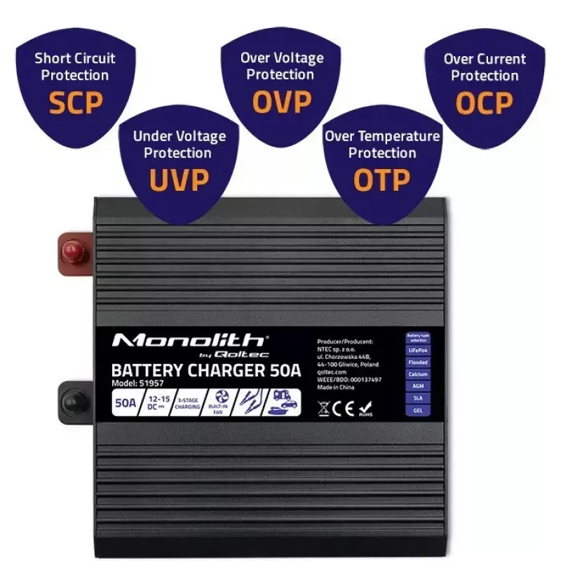 Battery Charger QOLTEC 51957 50A 12V for LiFePO4, AGM, GEL, SLA batteries