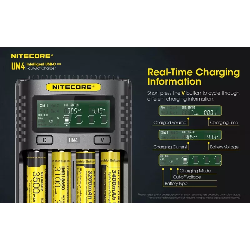 Nitecore UM4 battery charger Household battery DC Lithium Iron Phosphate Lithium-Ion Nickel-Cadmium