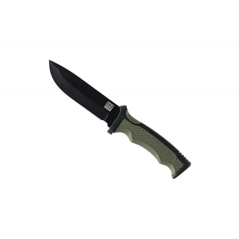 Multi-tool knife 101 INC Bushawk 9244 — stainless steel 3Cr13 blade 110 mm, green plastic handle, non-slip surface, sheath included