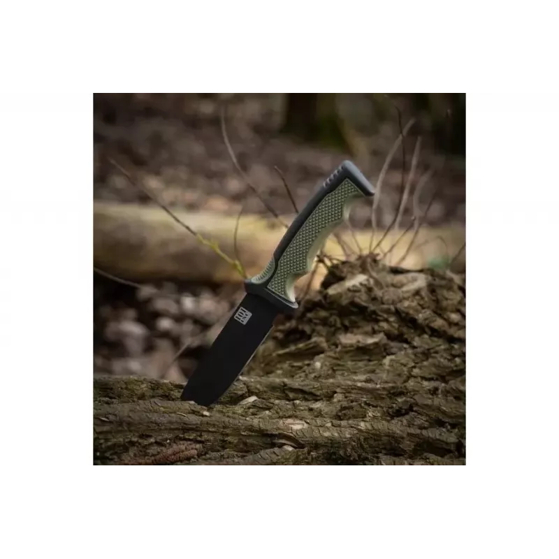 Multi-tool knife 101 INC Bushawk 9244 — stainless steel 3Cr13 blade 110 mm, green plastic handle, non-slip surface, sheath included