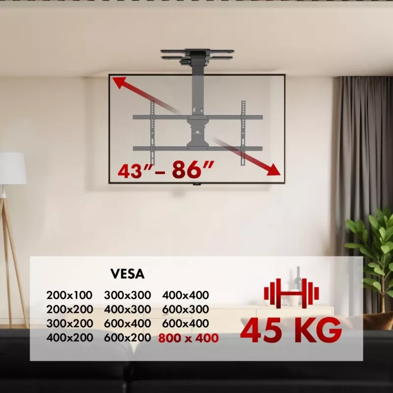Ceiling TV mount MACLEAN MC-110 T for 43–86 inch TVs, VESA up to 800×400, max load 45 kg