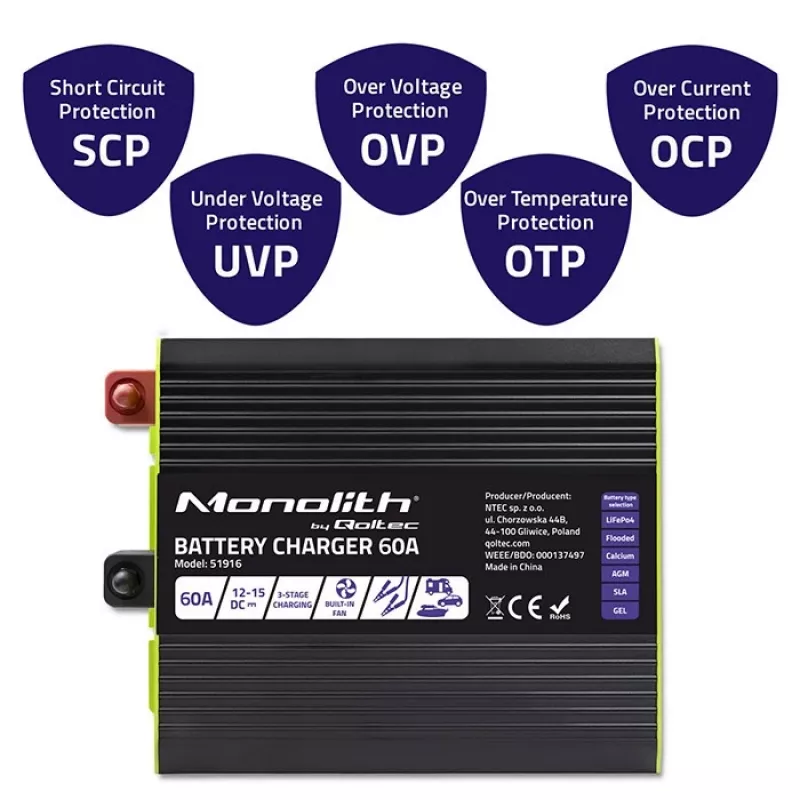 Battery Charger QOLTEC 51916 60A 12V for LiFePO4, AGM, GEL, SLA batteries