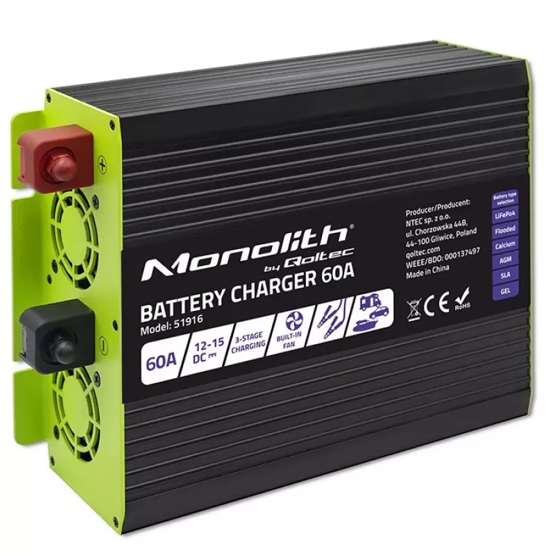 Battery Charger QOLTEC 51916 60A 12V for LiFePO4, AGM, GEL, SLA batteries