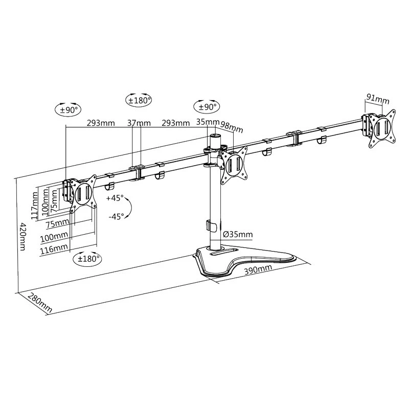 LOGILINK BP0174 Triple monitor mount 17-27inch arm length each 658 mm with smartphone holder aluminum