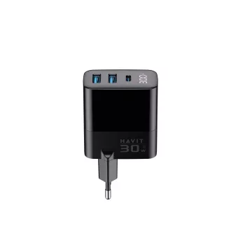 Charger HAVIT UCLE001 EU GaN three-port 30 W black — compact USB charger with 3 ports