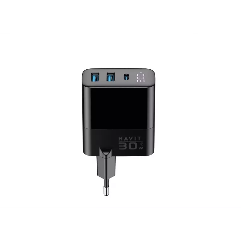 Charger HAVIT UCLE001 EU GaN three-port 30 W black — compact USB charger with 3 ports