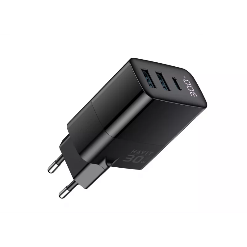 Charger HAVIT UCLE001 EU GaN three-port 30 W black — compact USB charger with 3 ports