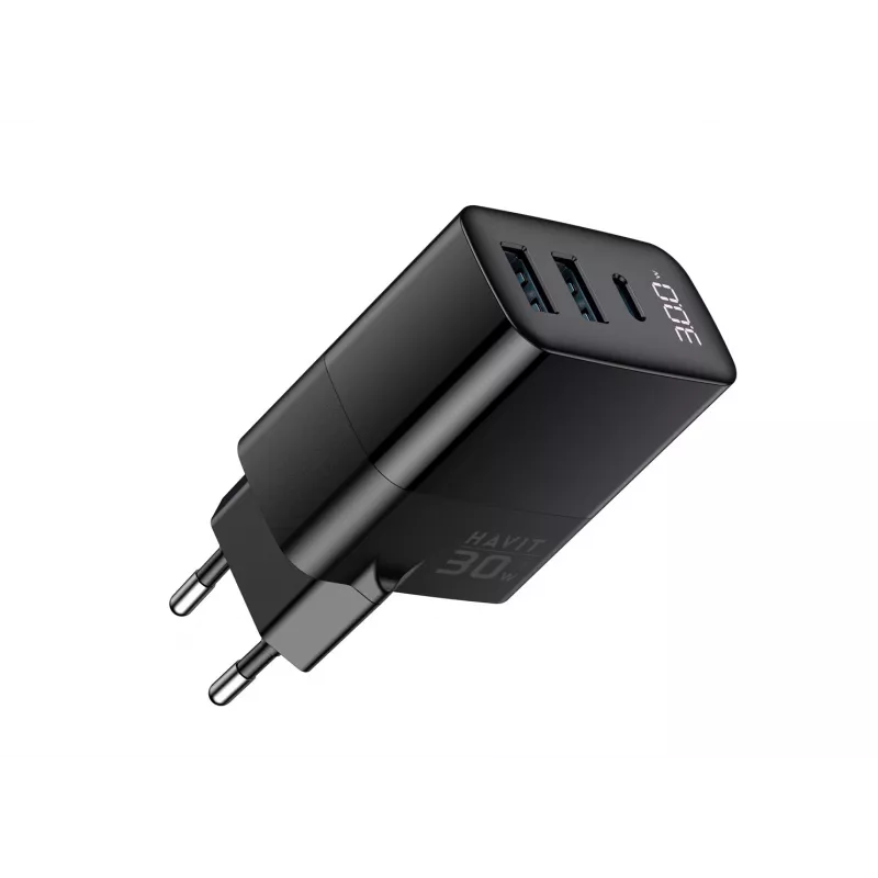 Charger HAVIT UCLE001 EU GaN three-port 30 W black — compact USB charger with 3 ports