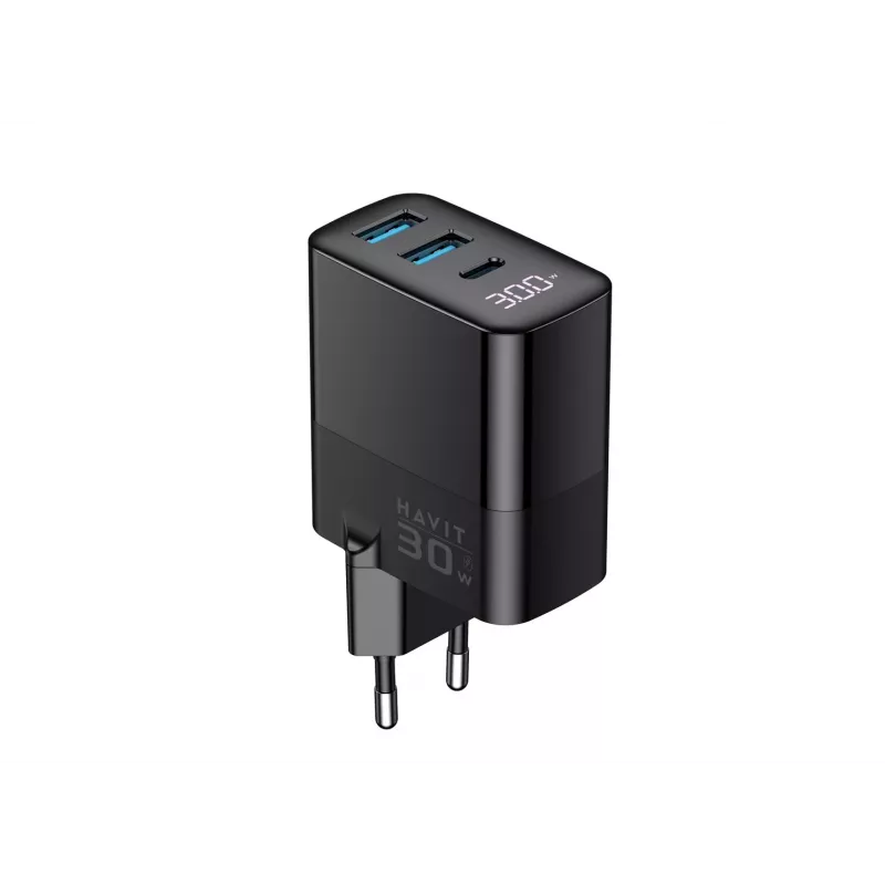 Charger HAVIT UCLE001 EU GaN three-port 30 W black — compact USB charger with 3 ports