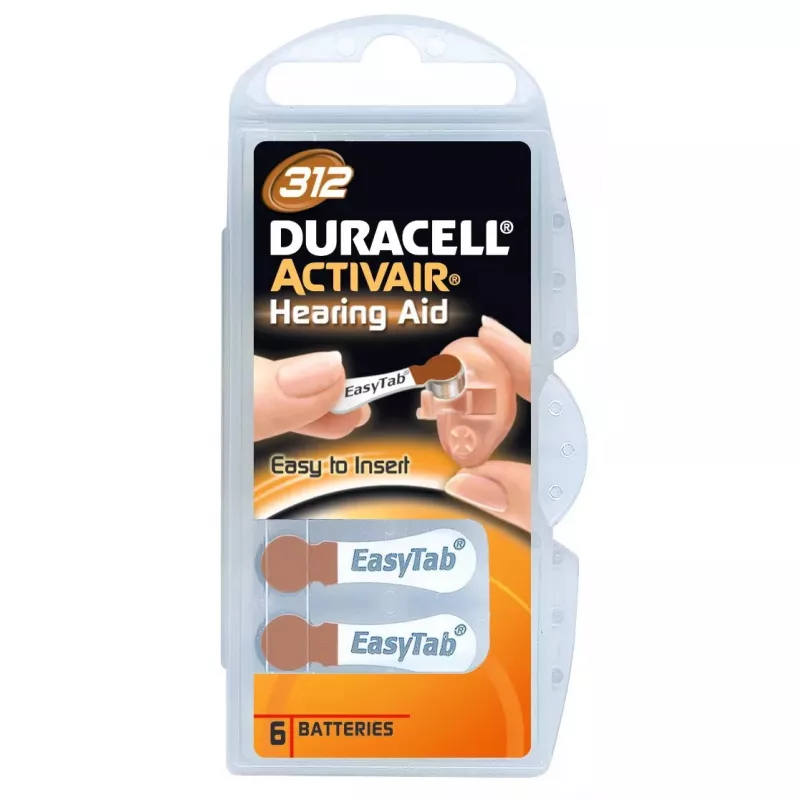 Button cell batteries Duracell A312 zinc-air, pack of 6 for hearing aids and small audio devices