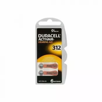 Button cell batteries Duracell A312 zinc-air, pack of 6 for hearing aids and small audio devices