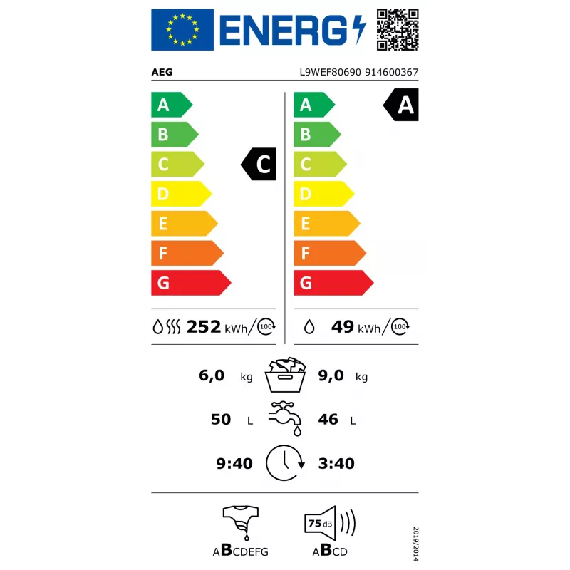 Washer dryer AEG L9WEF80690 front-load freestanding 6 kg wash & dry, 1551 RPM, heat pump, white