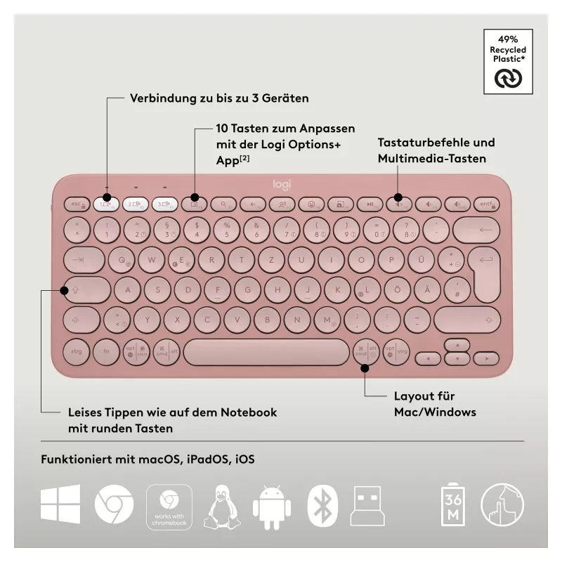 Logitech Pebble 2 Combo Keyboard Mouse included Universal RF Wireless + Bluetooth QWERTZ German Pink (920-012205)