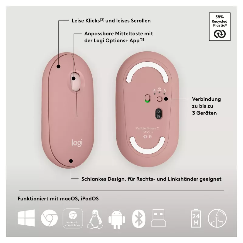 Logitech Pebble 2 Combo Keyboard Mouse included Universal RF Wireless + Bluetooth QWERTZ German Pink (920-012205)