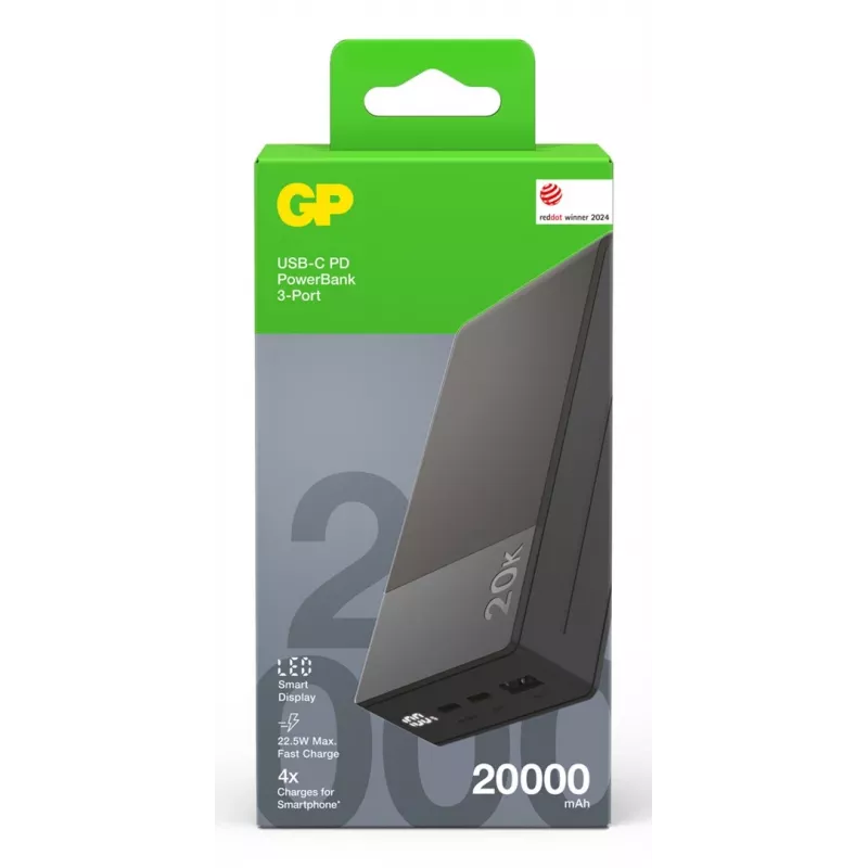 GP Battery GP PowerBank M2+ 20C 20000mAh 2xUSB-C/1xUSB-A black LED-Anz. (GPPBM20CGYMSR287)