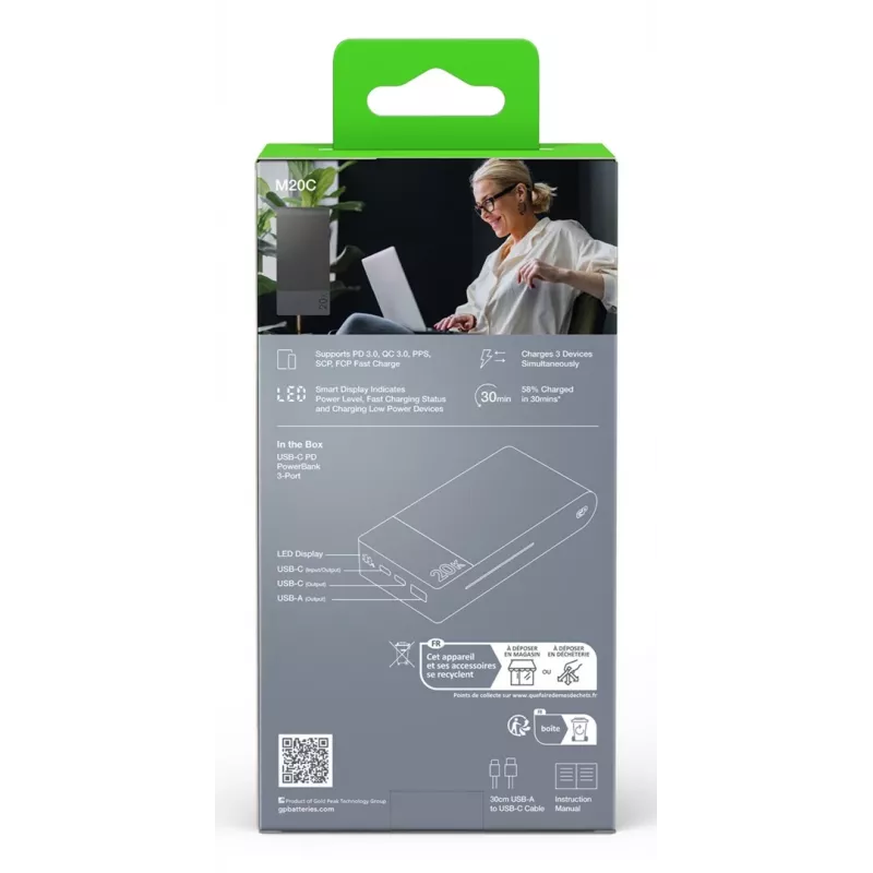 GP Battery GP PowerBank M2+ 20C 20000mAh 2xUSB-C/1xUSB-A black LED-Anz. (GPPBM20CGYMSR287)