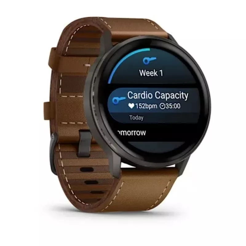 Smartwatch GARMIN Venu 4 45 mm (1.4 inch) AMOLED 454×454 px, Wi‑Fi, GPS, 8 GB, Black case, Brown leather band