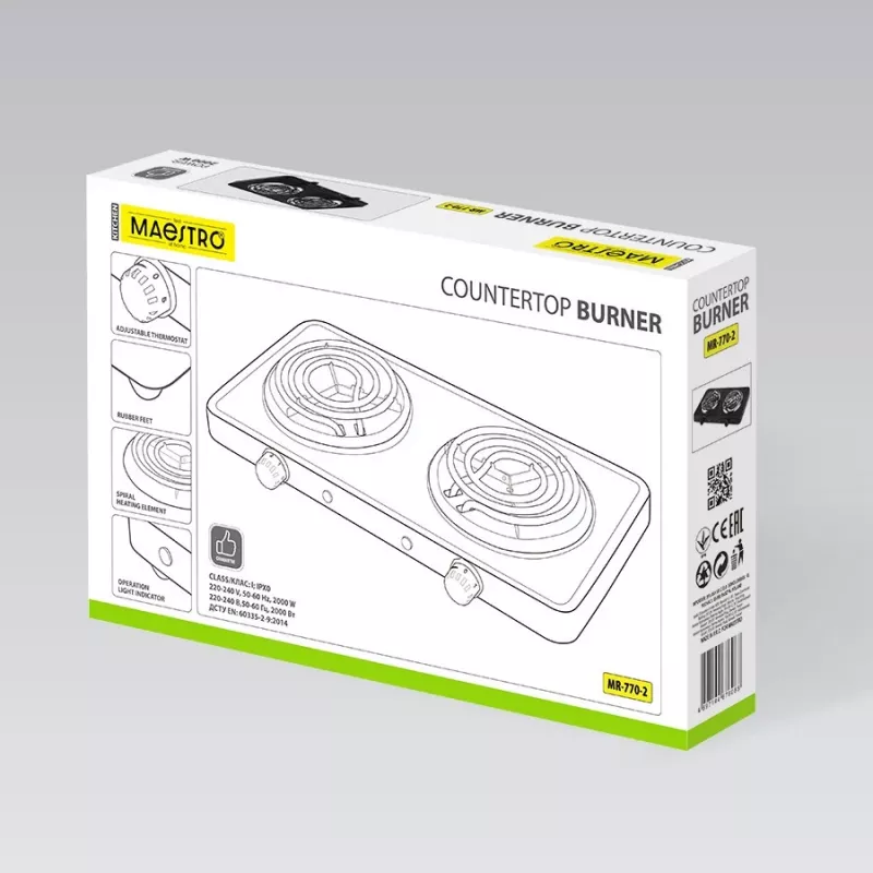 Maestro MR-770-2 Electric Double Hot Plate, 2000W, Cast Iron Plates, Rotary Controls, White