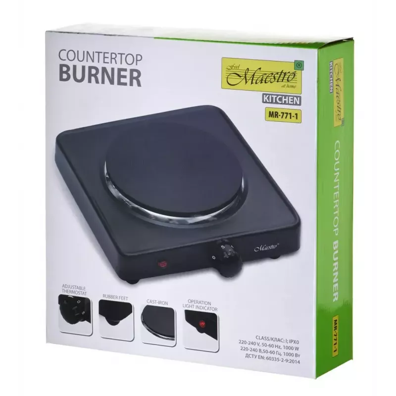 Maestro MR-771-1 Single Burner Electric Hotplate, 1500W, Cast Iron Plate, Black