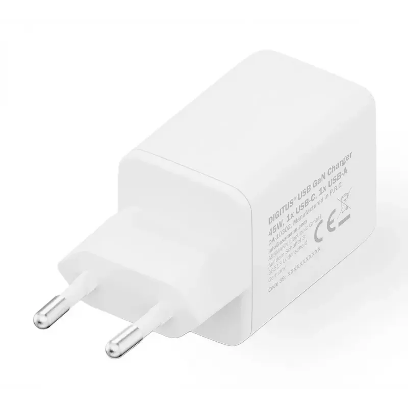 Wall Charger DIGITUS USB GaN 45W — 1× USB-C, 1× USB-A, Input 100–240V, White