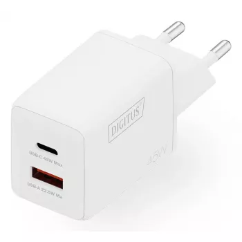 Wall Charger DIGITUS USB GaN 45W — 1× USB-C, 1× USB-A, Input 100–240V, White