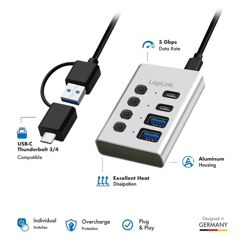 Hub USB3.2 Gen1, 4 ports , USB-A/C, on/off Switch