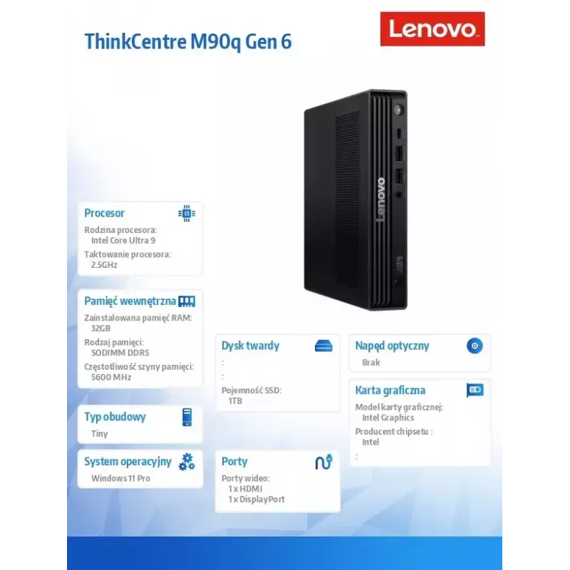 Desktop PC Lenovo ThinkCentre M90q Tiny G6 – Intel Core Ultra 9 285, 2×16GB RAM, 1TB SSD, Windows 11 Pro, Black