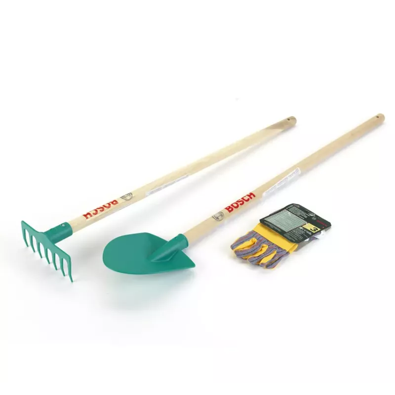 Bosch garden set by Theo Klein, gloves, shovel, rake