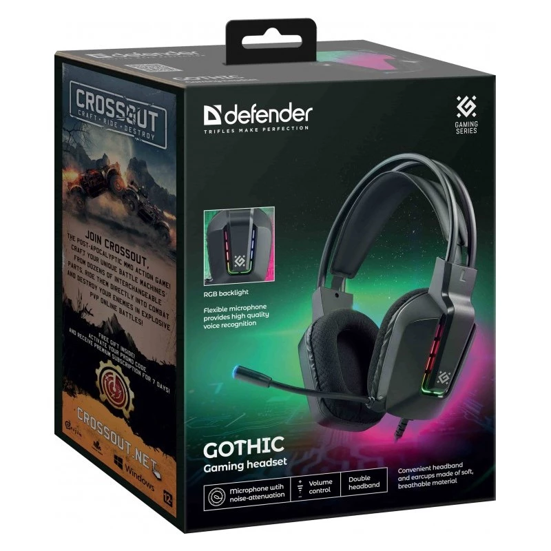 Wired USB Gaming Headset DEFENDER GOTHIC RGB with Microphone, Black
