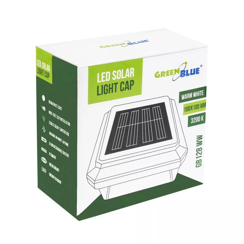 Solar LED Post Light GreenBlue GB128 WW, 3200K Neutral White, Envelope Canopy, 100x100mm, Black