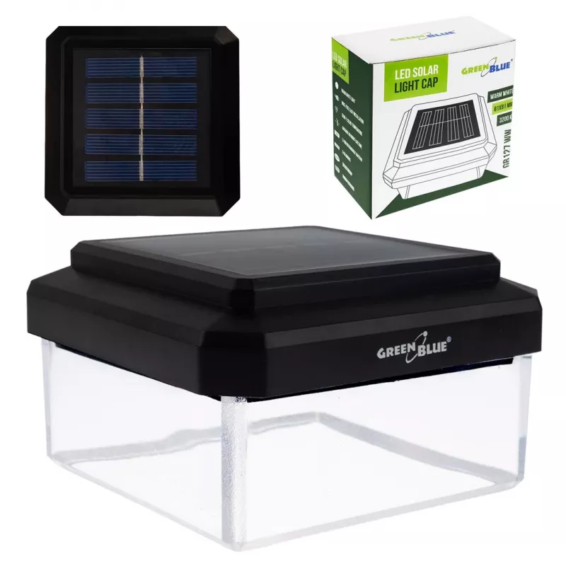 Solar LED Post Light GreenBlue GB128 WW, 3200K Neutral White, Envelope Canopy, 100x100mm, Black