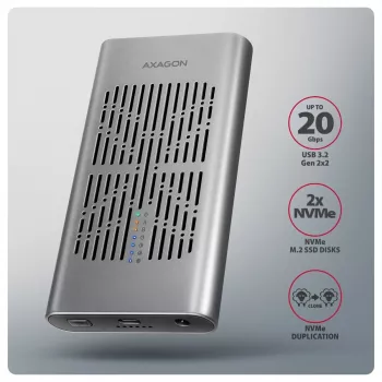 External enclosure AXAGON EEM2-20GD USB-C 20 Gbps for two M.2 NVMe SSDs with hardware cloning