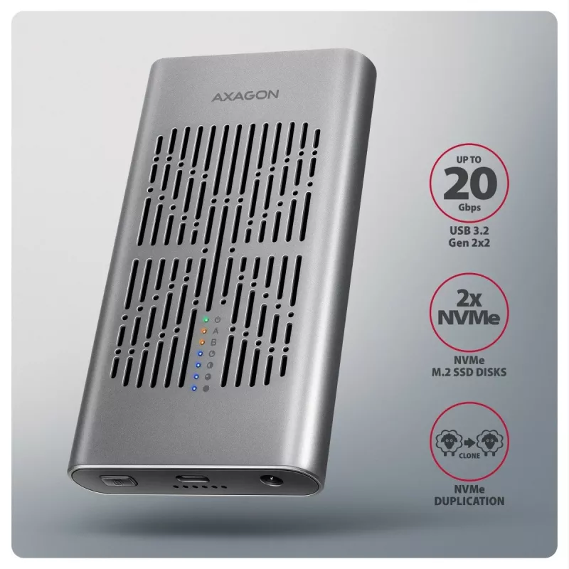External enclosure AXAGON EEM2-20GD USB-C 20 Gbps for two M.2 NVMe SSDs with hardware cloning
