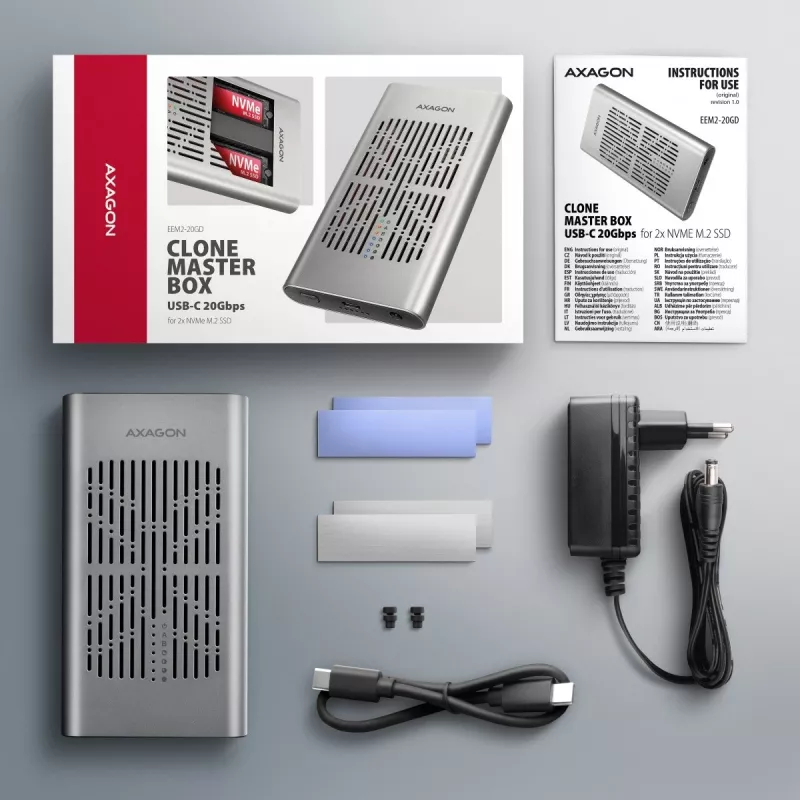 External enclosure AXAGON EEM2-20GD USB-C 20 Gbps for two M.2 NVMe SSDs with hardware cloning