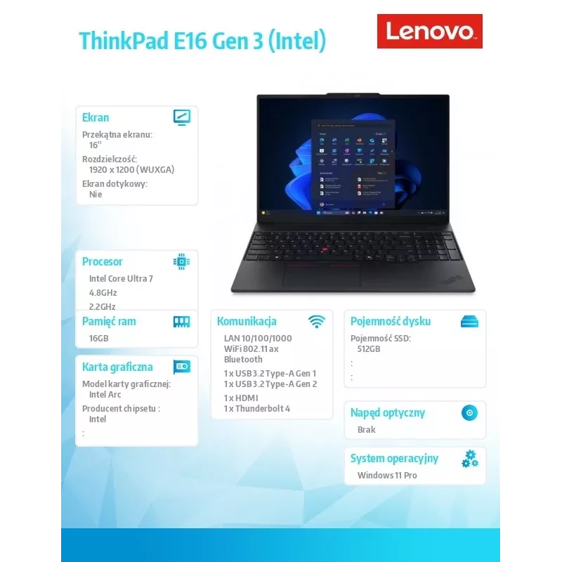 Lenovo ThinkPad E16 Gen 3 Laptop, Intel Core Ultra 7 256V, 16GB RAM, 512GB SSD, 16 inch WUXGA, Windows 11 Pro, Black