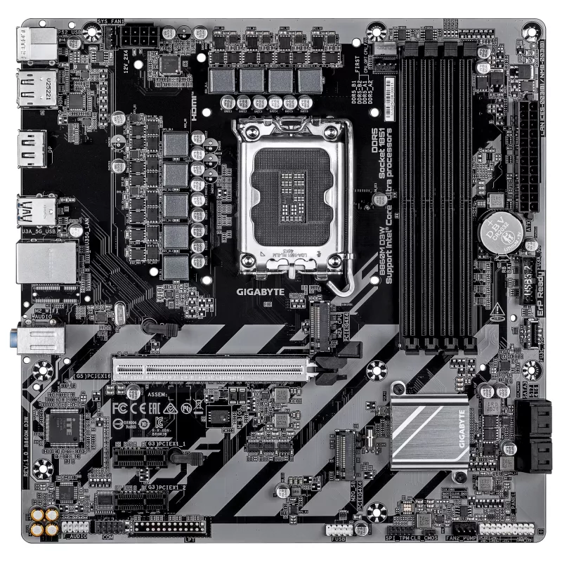 GIGABYTE B860M D3W Motherboard - Intel Core Ultra Series CPUs, 4+1+2 Phases VRM, up to 9066MHz DDR5, 2xPCIe 4.0 M.2, 1GbE LAN, USB 3.2 Gen 1