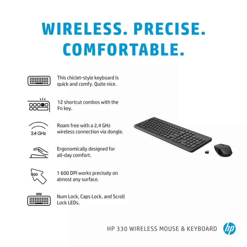 Wireless keyboard and mouse combo HP 330 — full-size keyboard, RF wireless, black, mouse included