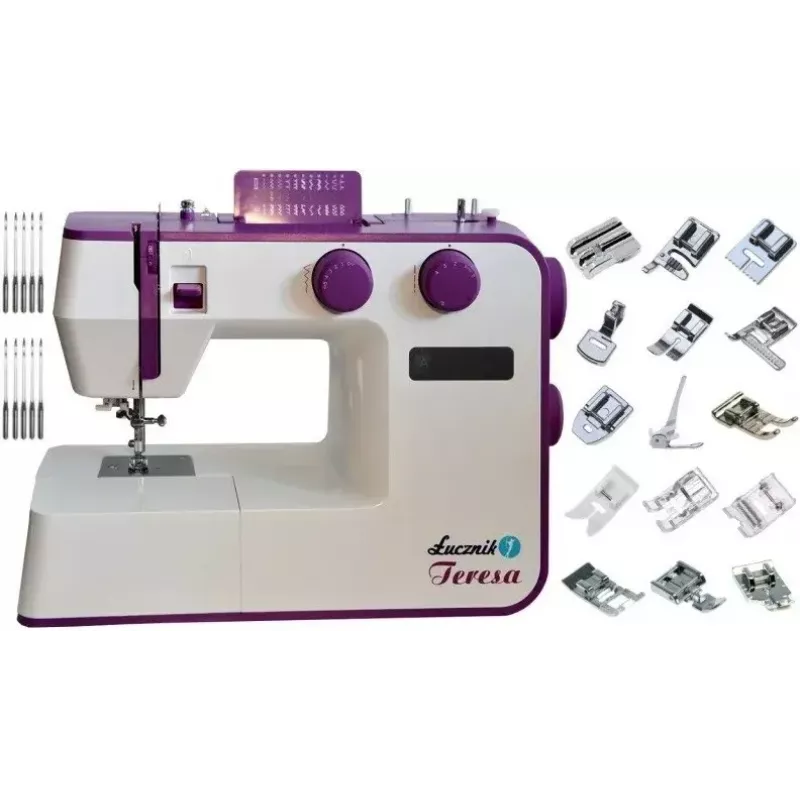 Sewing machine Lucznik Teresa portable lightweight — model Teresa, domestic electric sewing machine, basic stitch functions, white-violet
