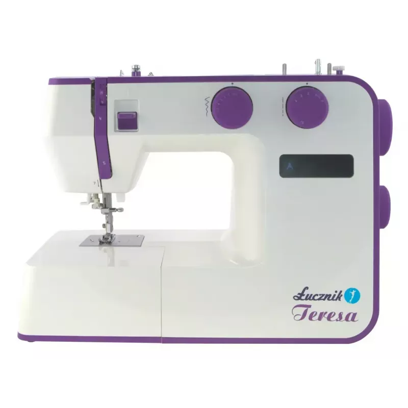 Sewing machine Lucznik Teresa portable lightweight — model Teresa, domestic electric sewing machine, basic stitch functions, white-violet