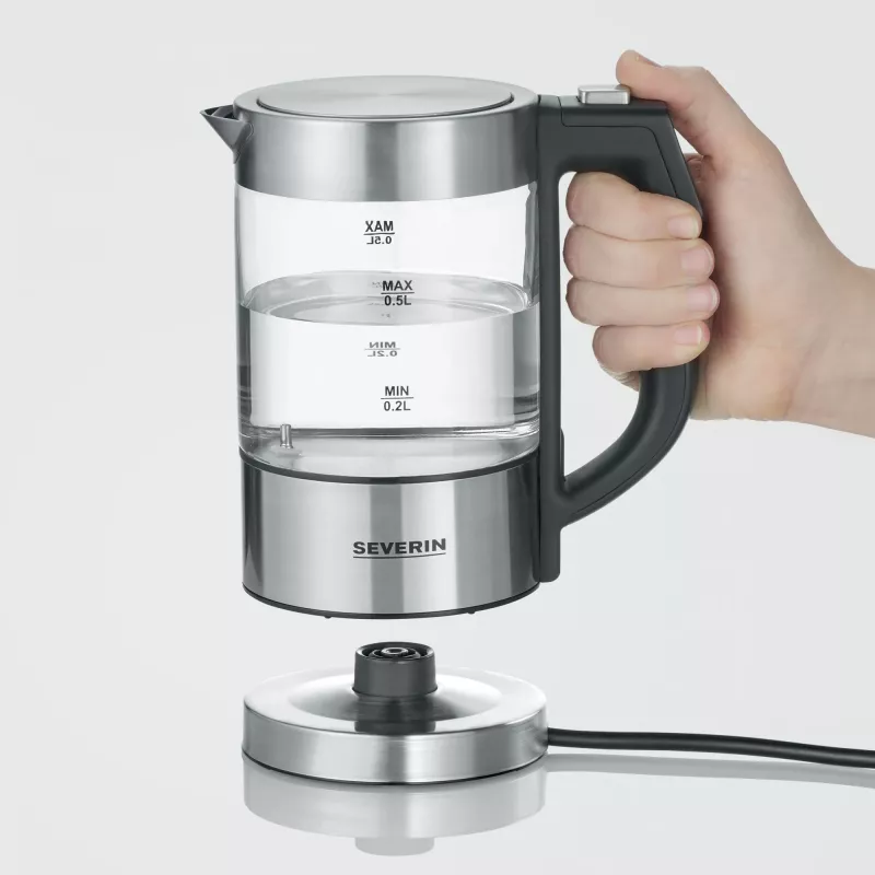 Electric kettle SEVERIN WK3458, 0.5 L, 1100 W, glass & stainless steel, 5 temperature settings, cordless