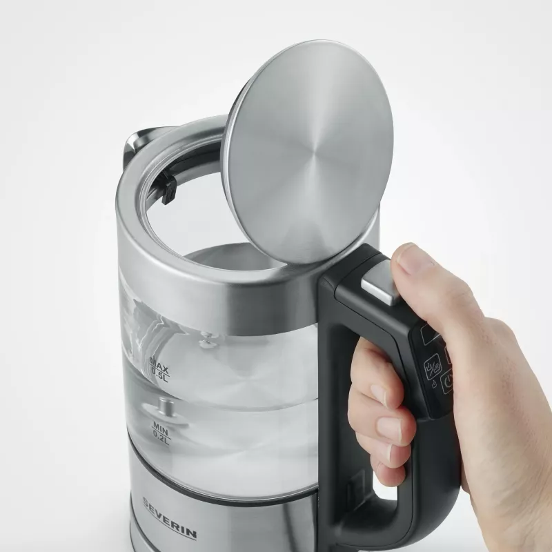 Electric kettle SEVERIN WK3458, 0.5 L, 1100 W, glass & stainless steel, 5 temperature settings, cordless
