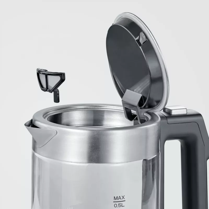 Electric kettle SEVERIN WK3458, 0.5 L, 1100 W, glass & stainless steel, 5 temperature settings, cordless