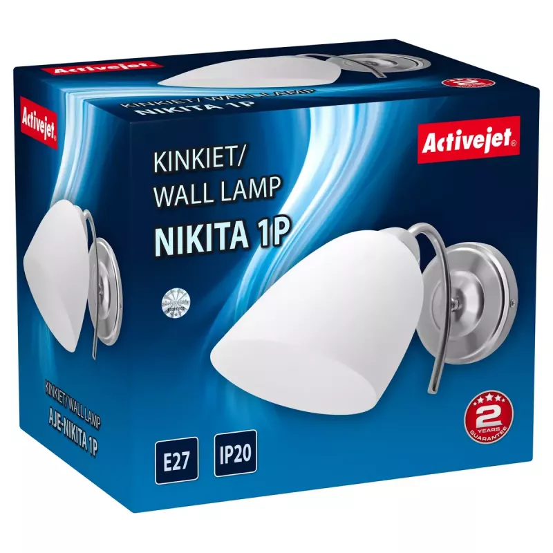 Wall lamp ActiveJet NIKITA nickel E27 single‑light, round metal shade, IP20, 220–240V, max 60W