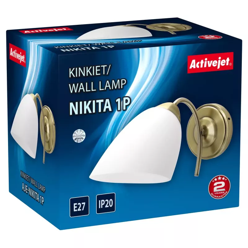 Wall lamp ActiveJet NIKITA Patyna E27 single‑bulb, metal housing, IP20, 220–240V, 60W, white glass
