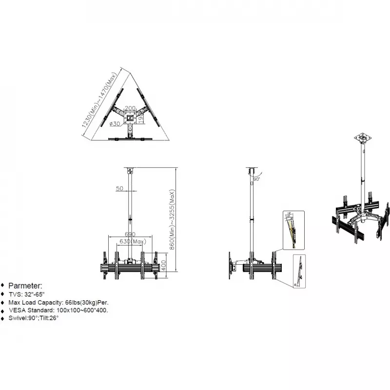 Ceiling Mount Triple Screen TV Bracket Equip 650371